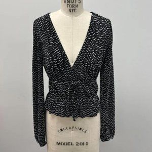 ZARA Black & White Polka Dot V-Neck Long Sleeve Plisse Blouse - Size Large